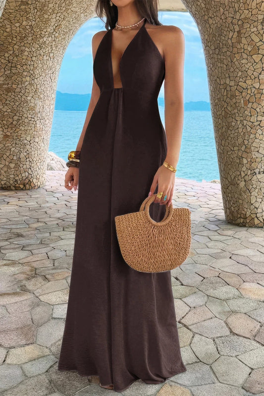 Halter Solid Hide Zipper A Line Maxi Dress