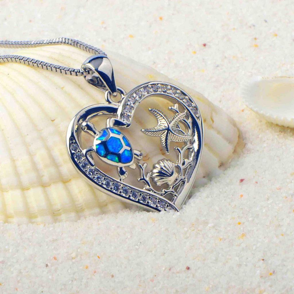 Blue Synthetic Opal Turtle Love Necklace Pendant