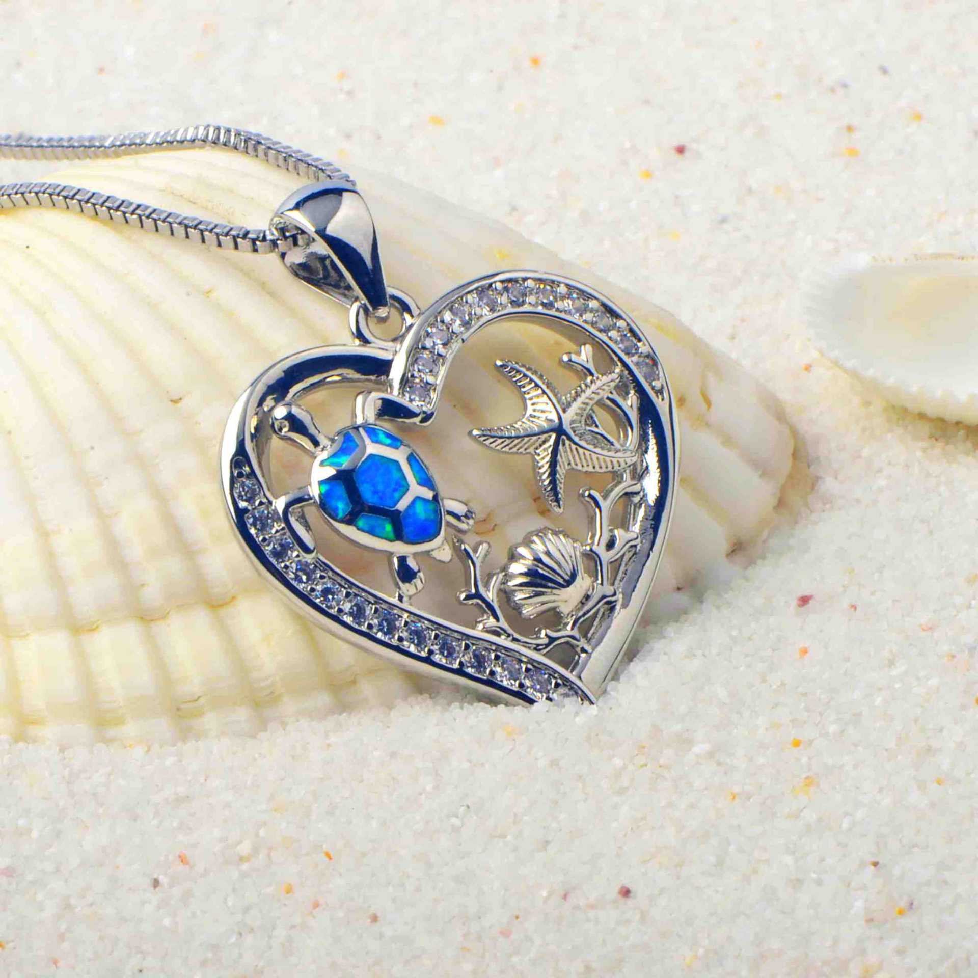 Blue Synthetic Opal Turtle Love Necklace Pendant