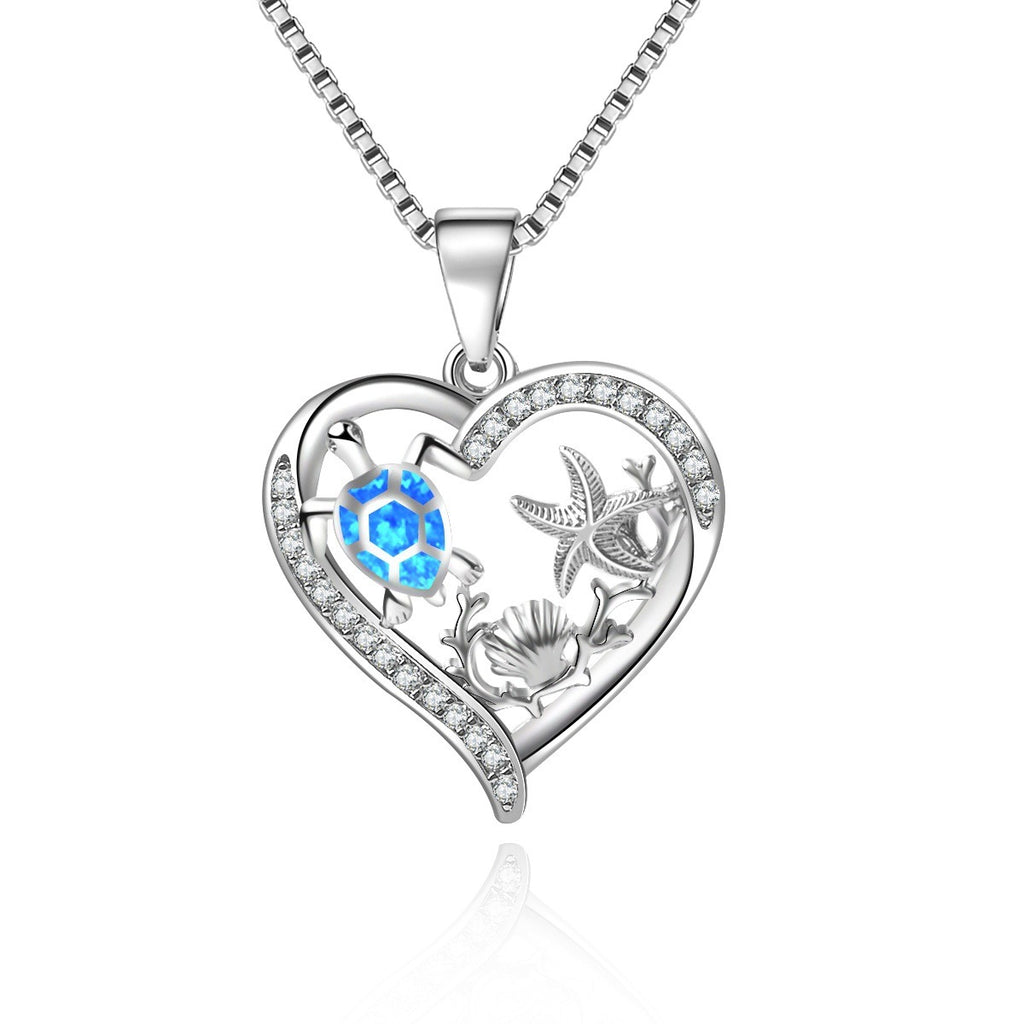 Blue Synthetic Opal Turtle Love Necklace Pendant