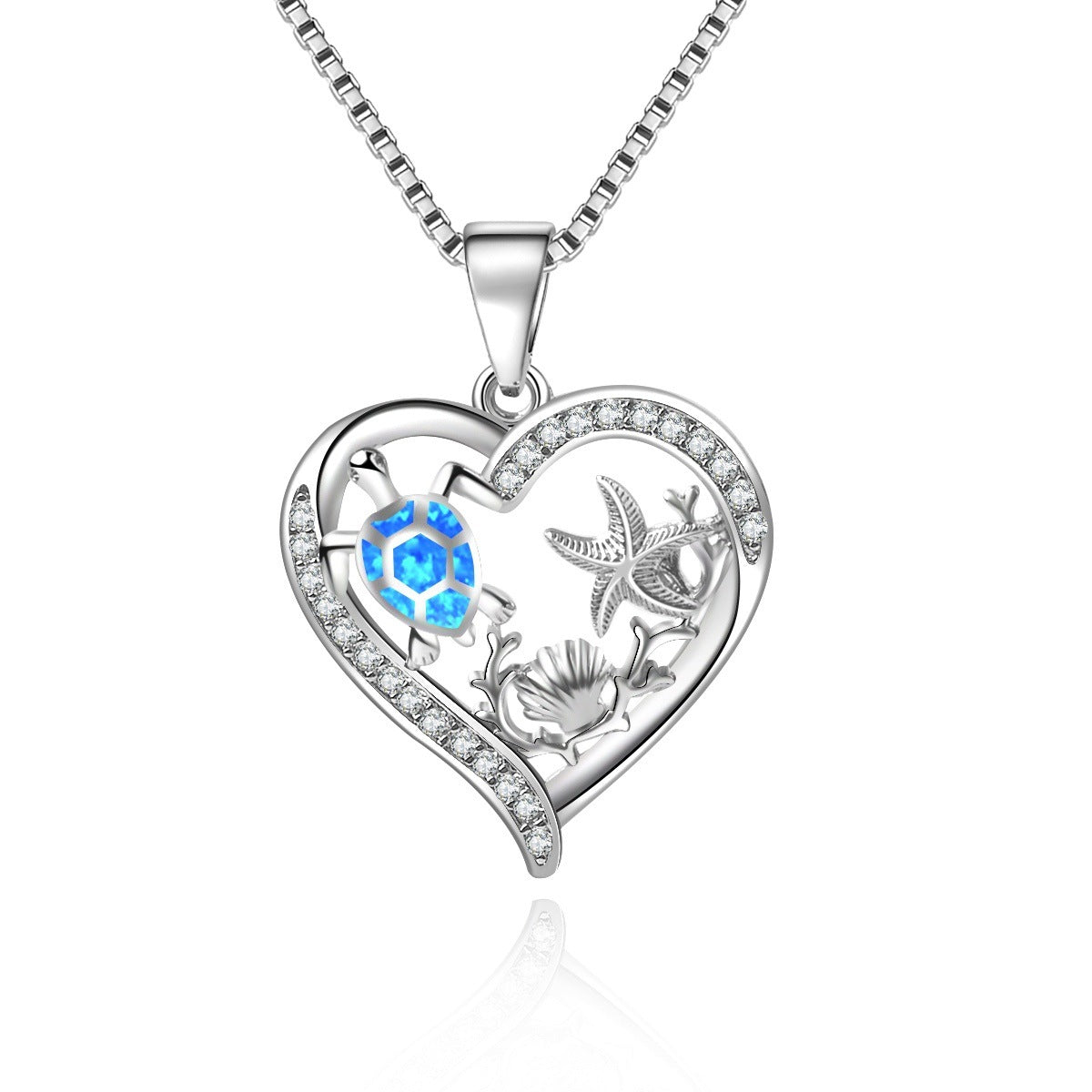 Blue Synthetic Opal Turtle Love Necklace Pendant