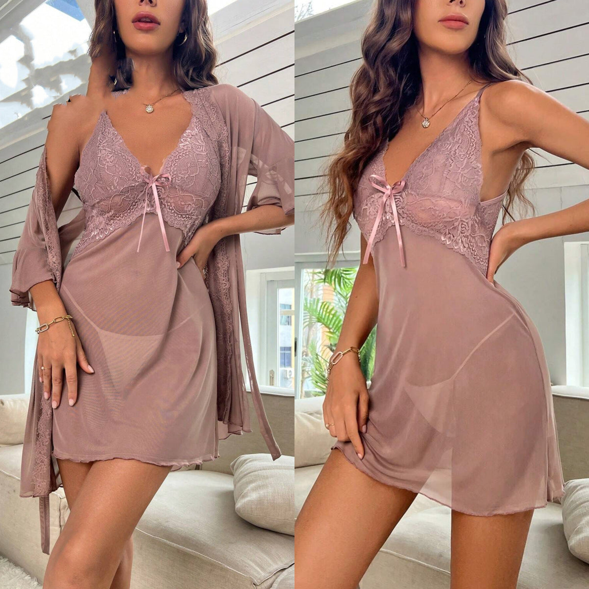 Cross Lace Bow Home Wear See-through Dress