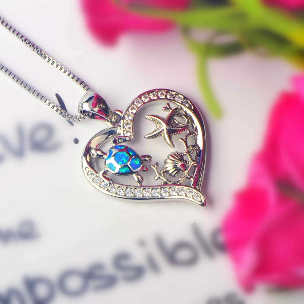 Blue Synthetic Opal Turtle Love Necklace Pendant