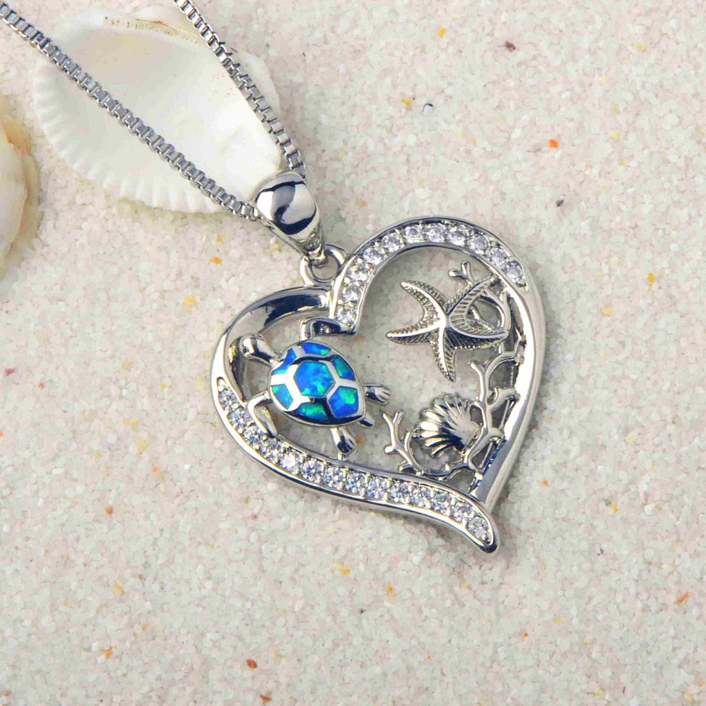 Blue Synthetic Opal Turtle Love Necklace Pendant